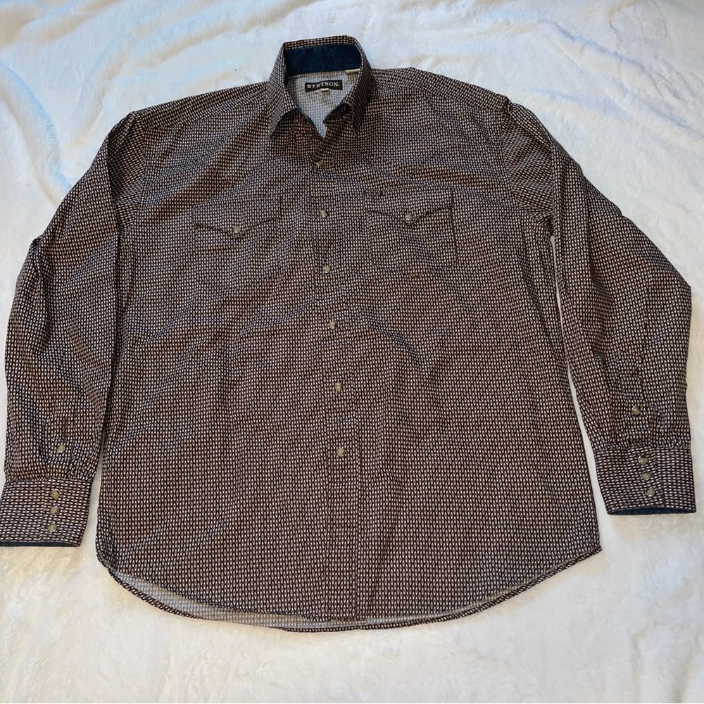Stetson Brown Micro-Pattern Button-Down Shirt - image 1